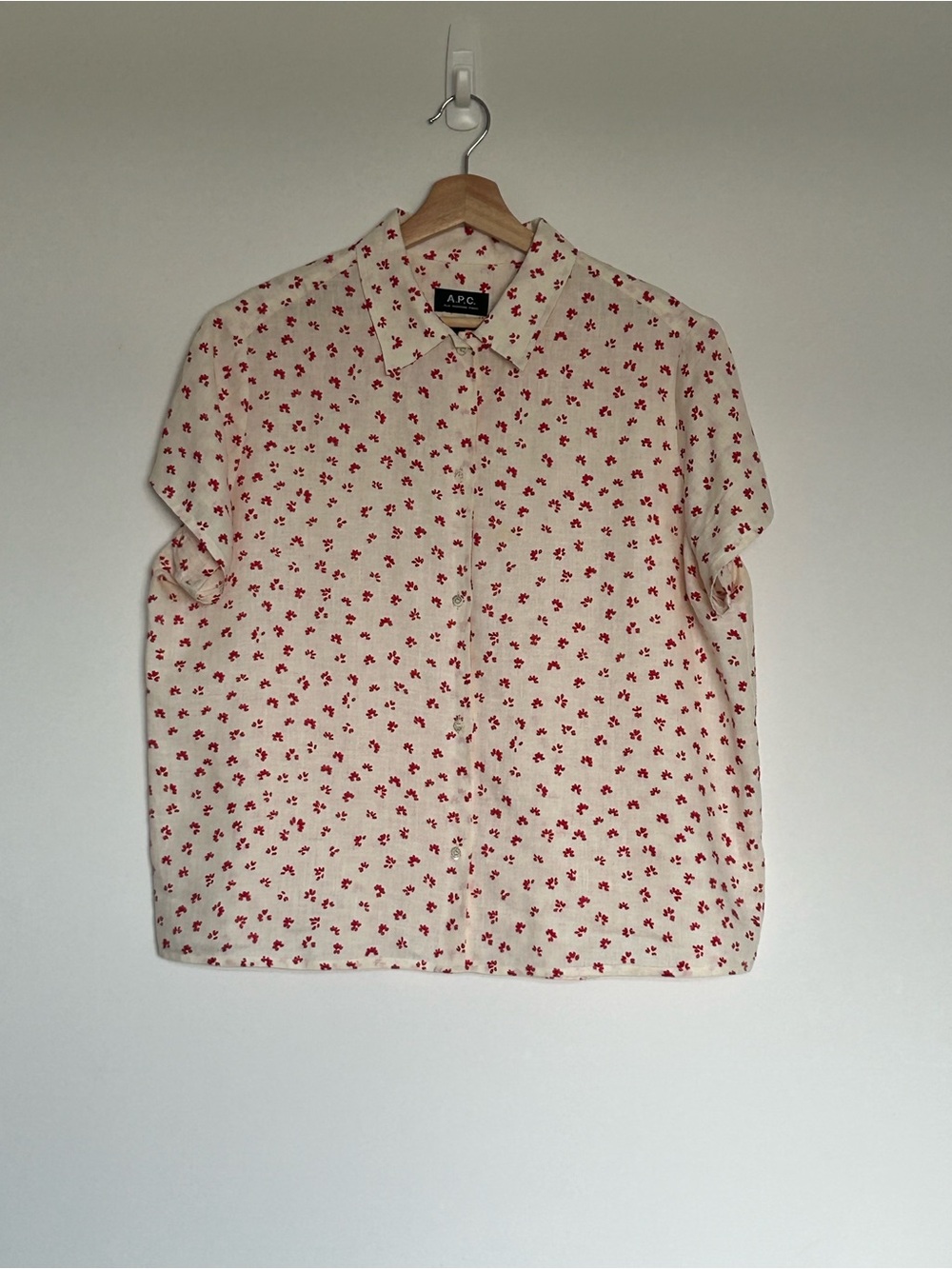 A.P.C. Short-Sleeve Cream Button-Down with Red Floral Print